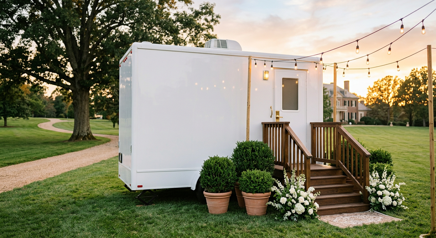 Generated image of a white restroom trailer on an estate lawn at golden hour