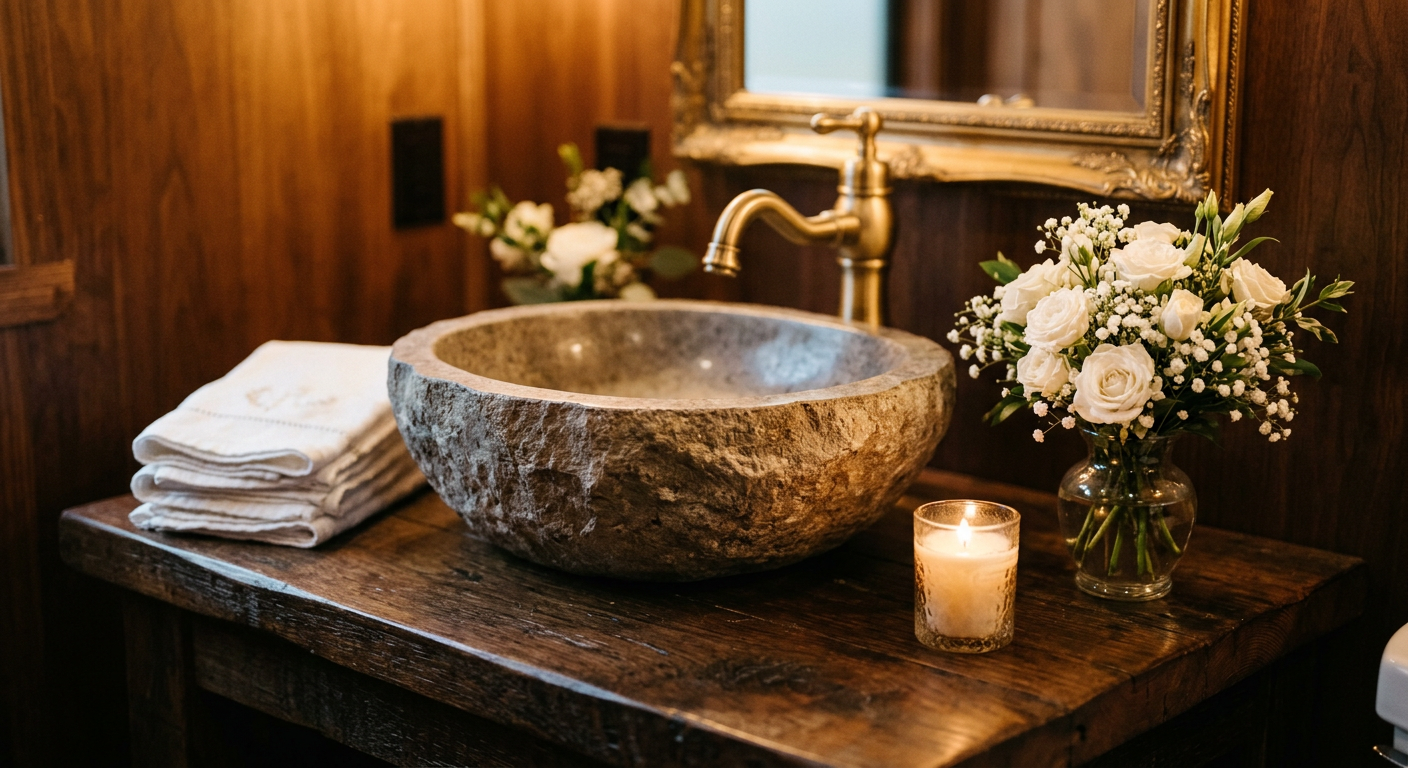 Generated image of a stone vessel sink on a reclaimed wood vanity with flowers and a candle